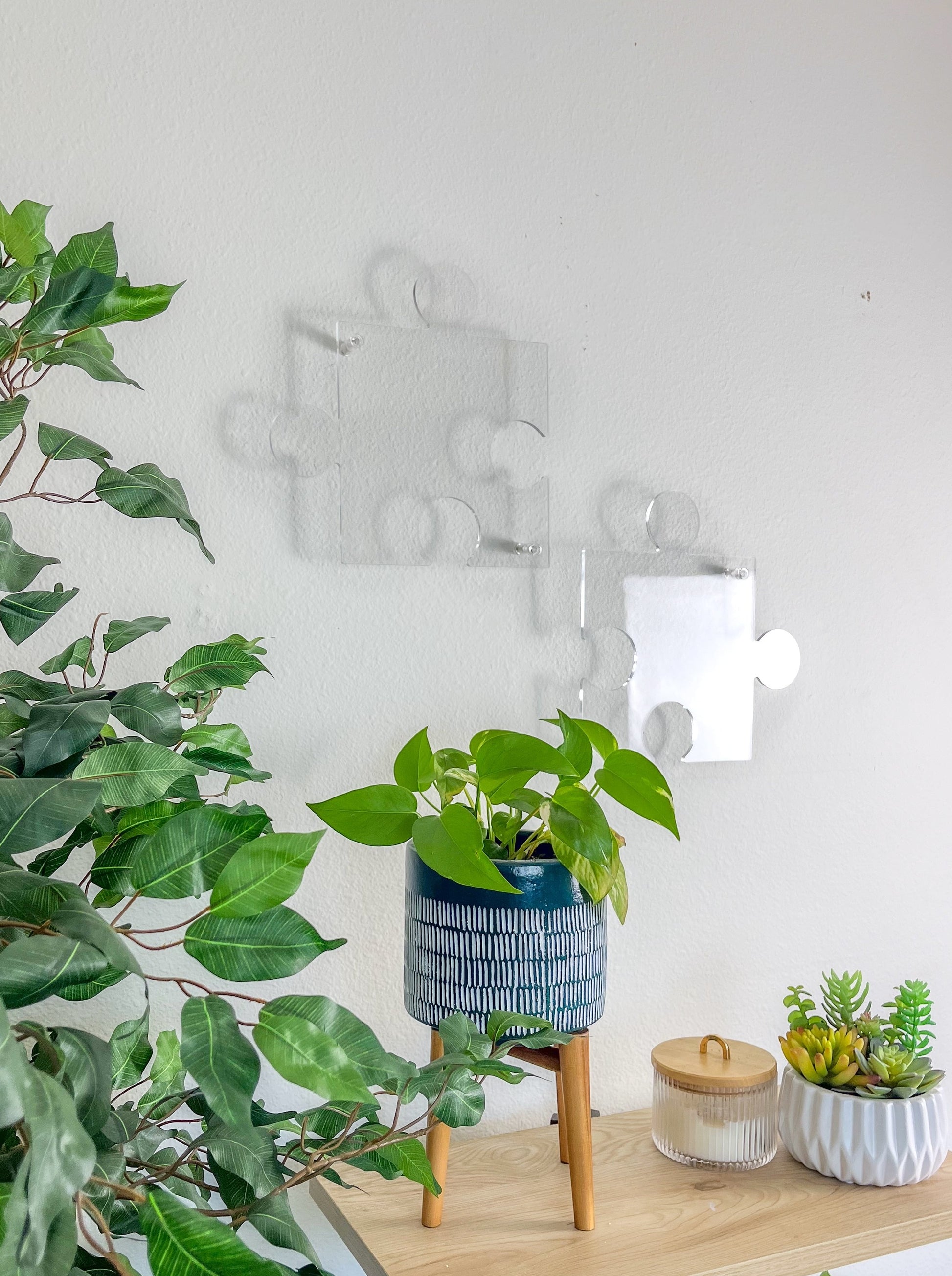 Clear puzzle piece unique artwork hanging on wall.