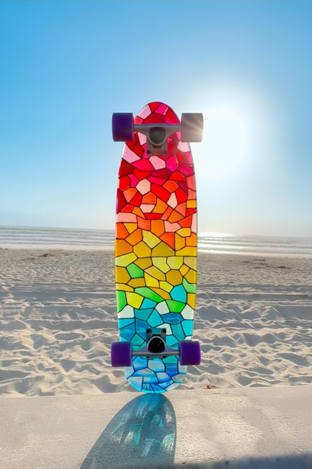 See-through rainbow stained glass skateboard with colorful shadow.
