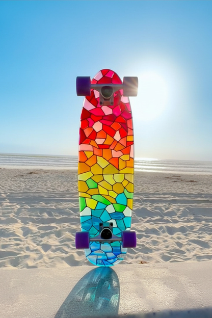 See-through rainbow stained glass skateboard with colorful shadow.